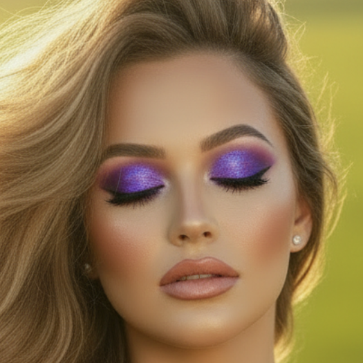 Ema Arius in a field in a golden gown showing starry night eyeshadow wild bunny blush and soft pomegranate lip butter balm.