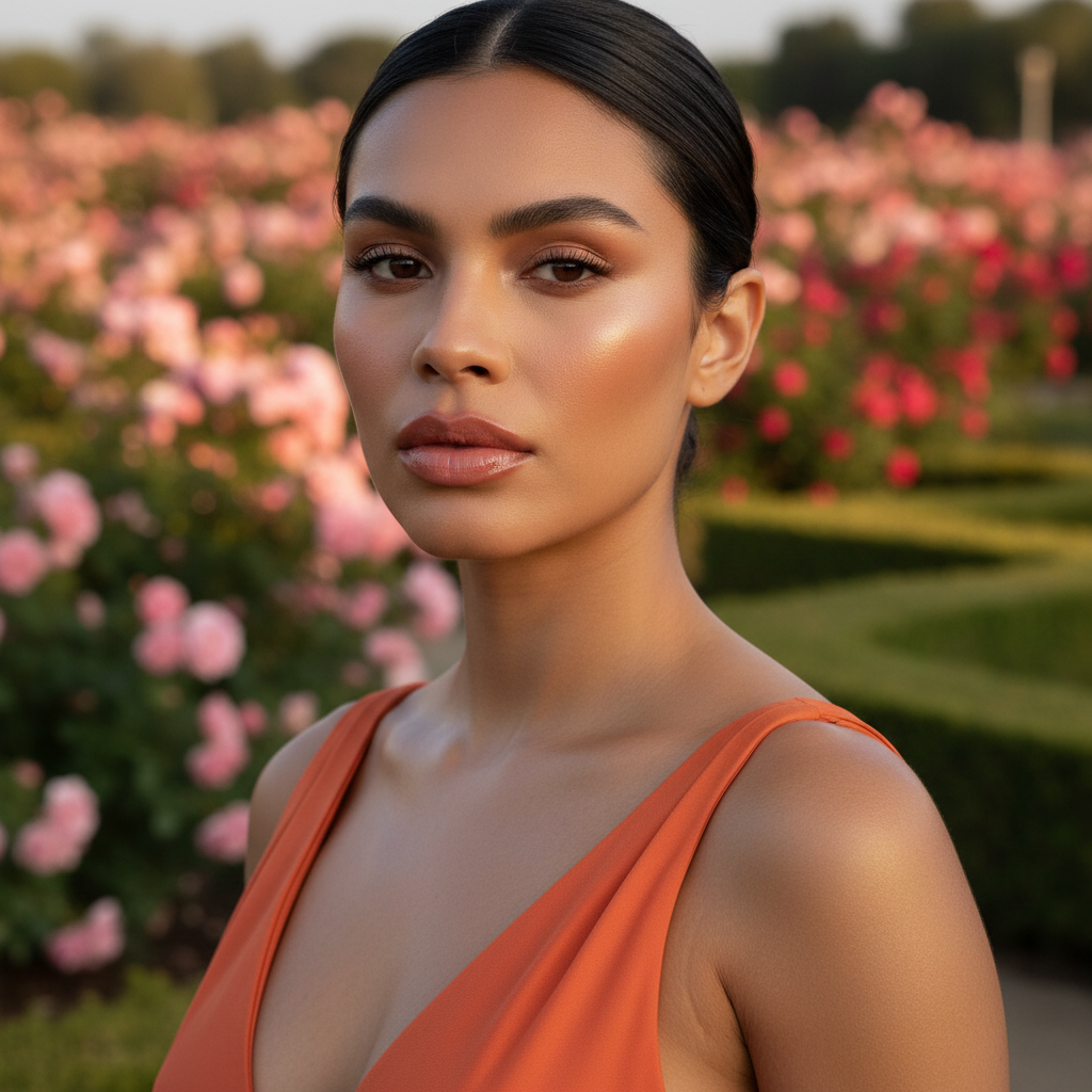 Woman in an orange dress standing in a garden with pink flowers