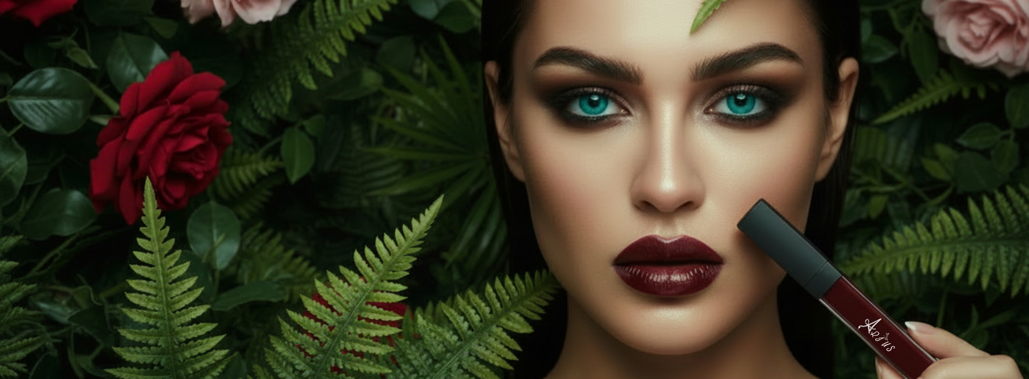 A close-up portrait of Ema Arius with dark hair, blue eyes, and deep cherry lip gloss, holding a tube of Arius cherry lip gloss near her face. She is framed by lush green ferns and pink and red roses against a dark background.