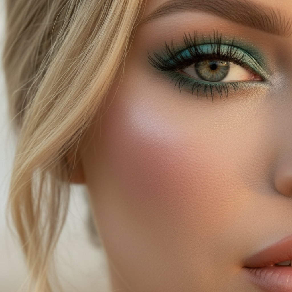 Close-up of a woman's face with makeup, focusing on the blush balm on her cheek.