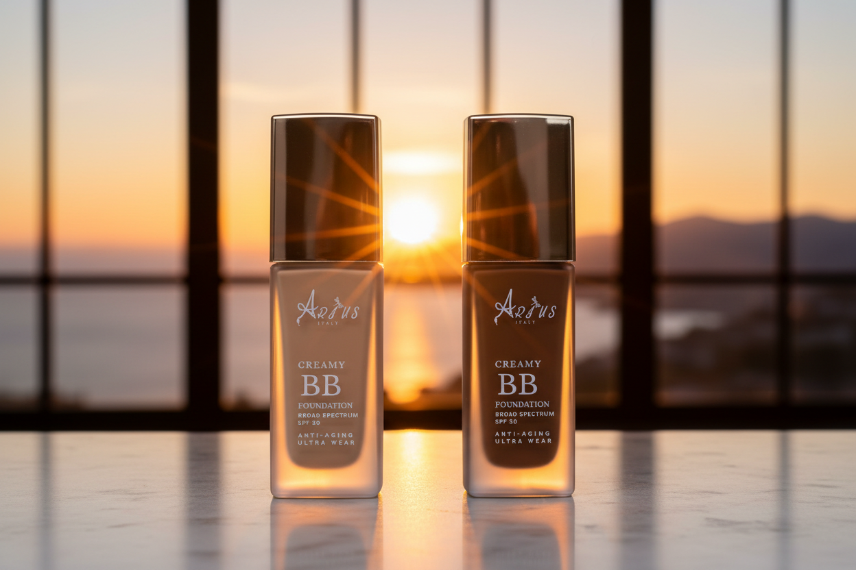 Two bottles of Acinus Creamy BB on a reflective surface with a sunset background.