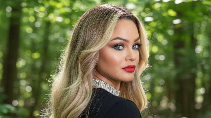 Ema Arius with blonde hair and red lipstick standing in a forest