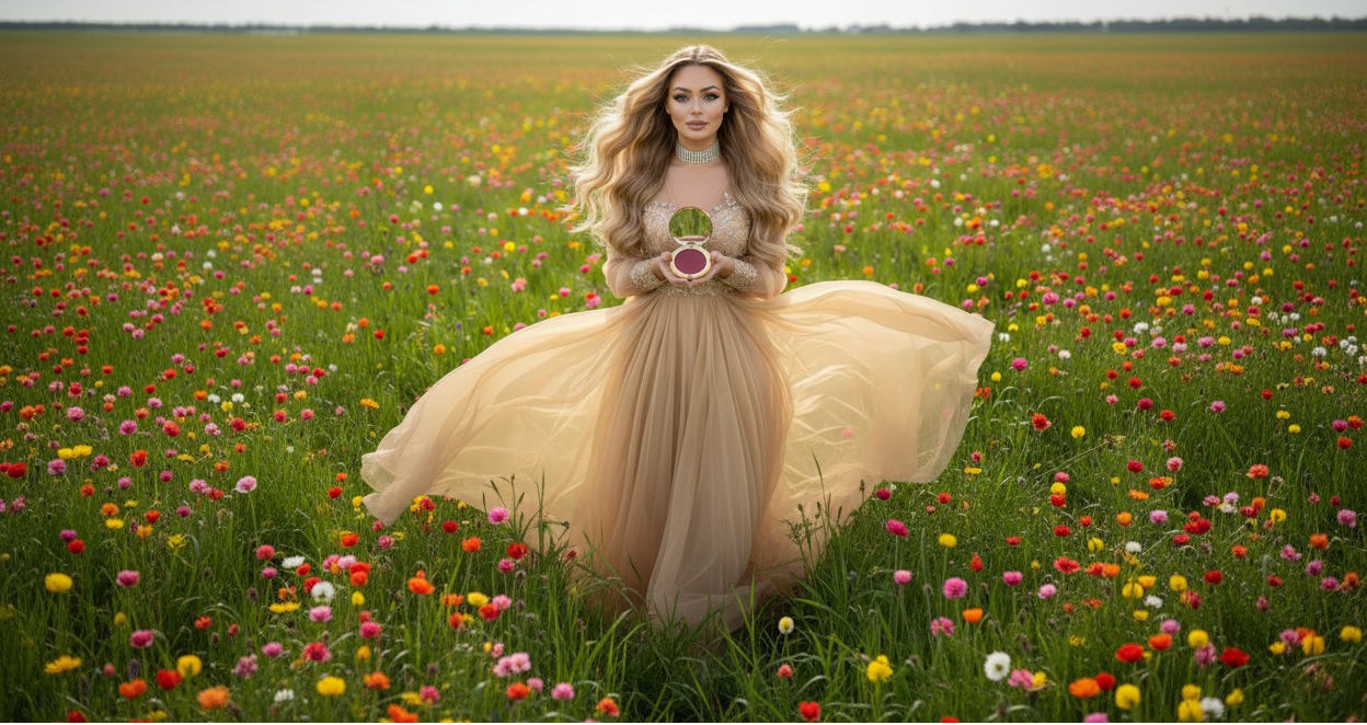 Ema Arius in a beige dress standing in a field of colorful flowers