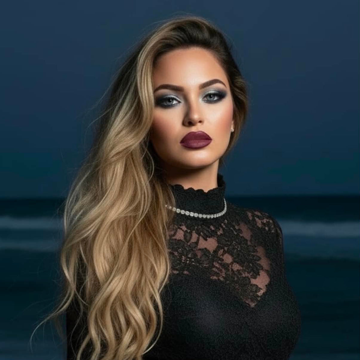 Ema Arius, for Arius Cosmetics, with long blonde hair wearing a black lace long-sleeve dress stands against a dark blue ocean background.