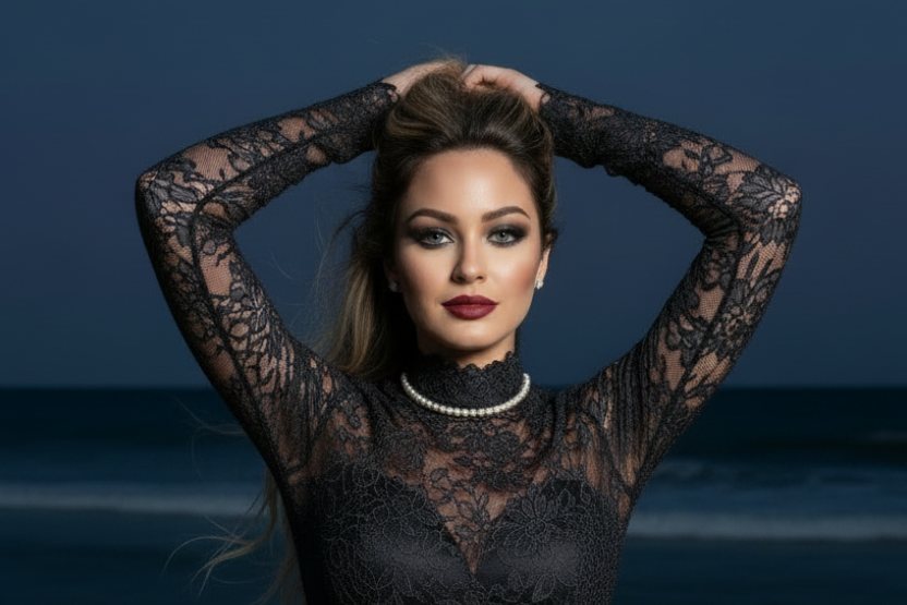 Ema Arius in a lace gown on the beach at night