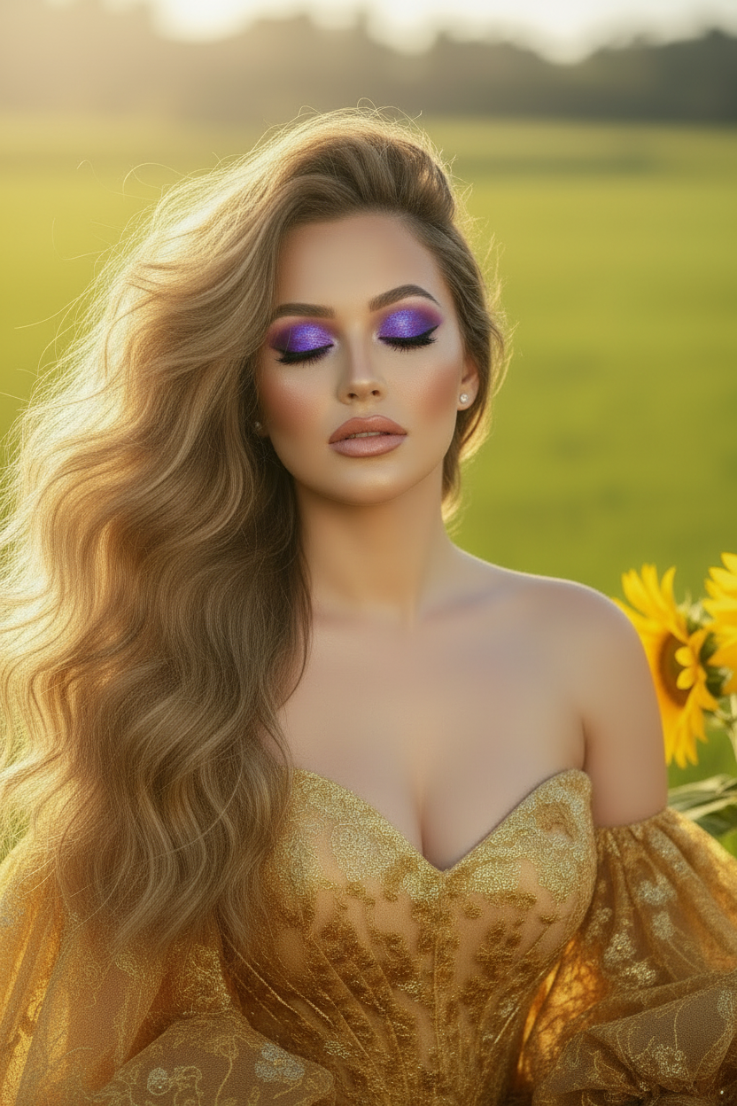 Ema Arius in a field in a golden gown showing starry night eyeshadow wild bunny blush and soft pomegranate lip butter balm.