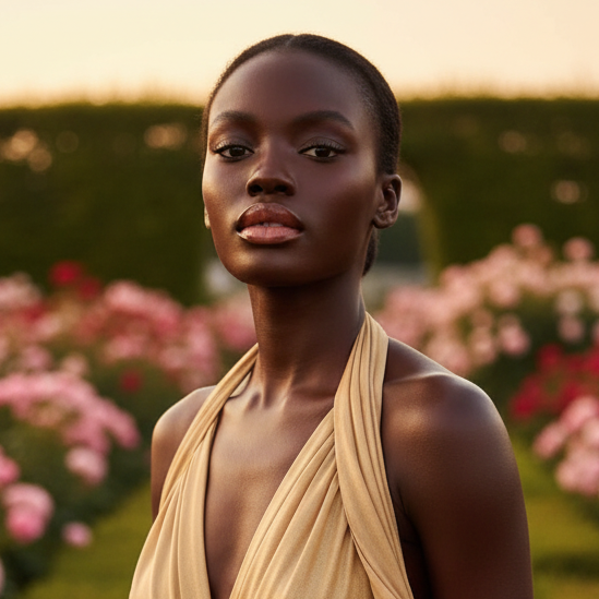 Woman in a flowing beige dress standing in a field of pink and red flowers.