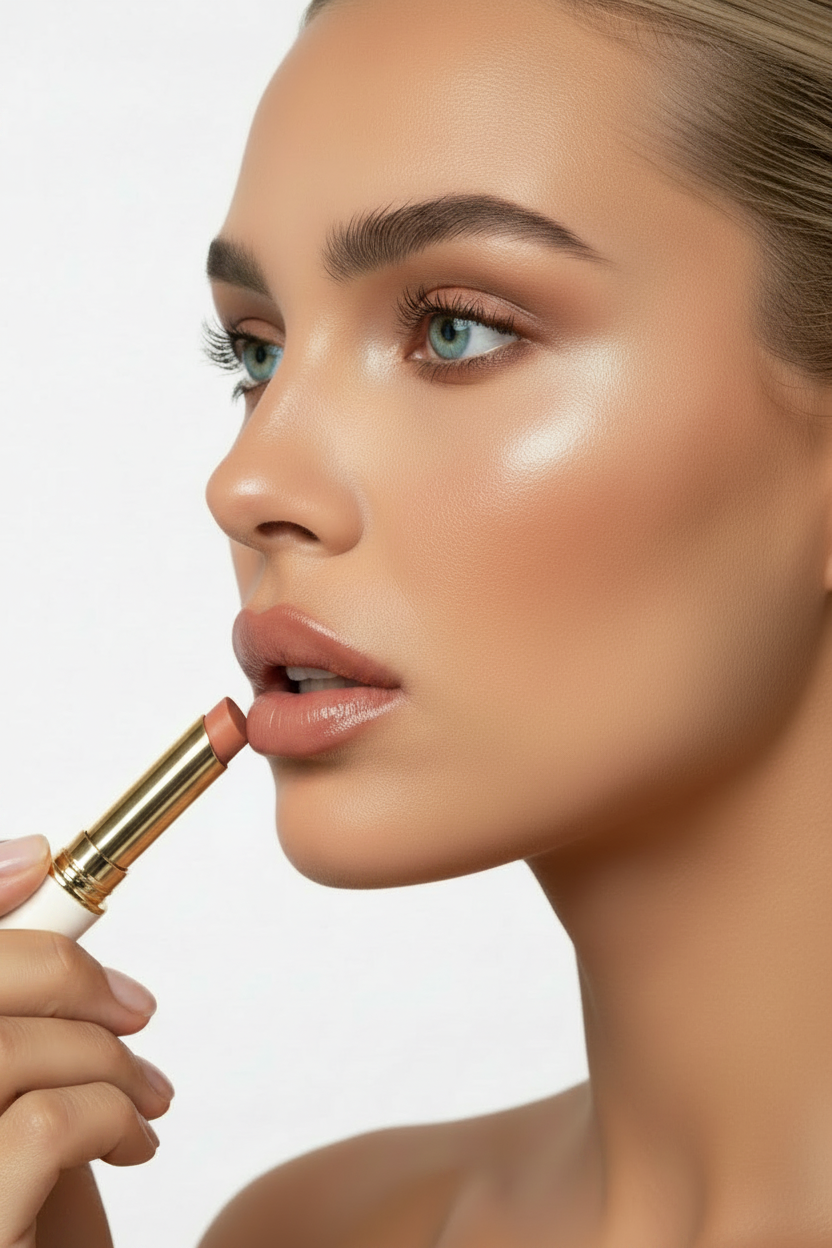 Close-up of a woman applying a mauve pink lipstick with a gold tube to her lips against a clean white background.