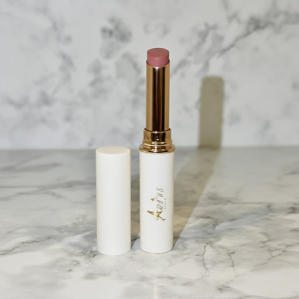 Arius Italy Lip balm with gold cap and white container on marble surface