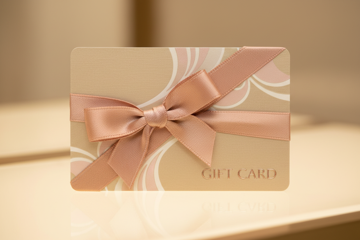 A gift card with a ribbon around the card like a present