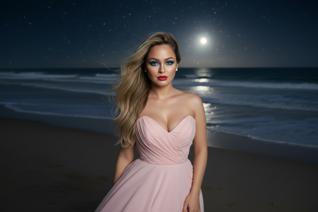Ema Arius in a pink dress standing on a beach at night with moonlight