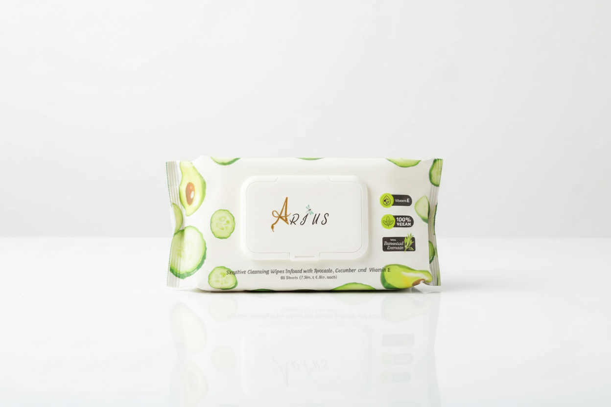 Pack of Arius wipes with avocado and cucumber design on a white background