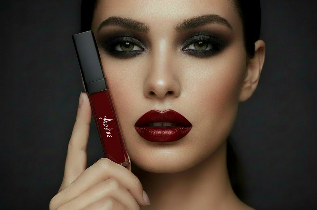 A close-up of a model with dramatic dark eye makeup and deep red lipstick holding a red liquid lipstick tube next to her face against a dark background.