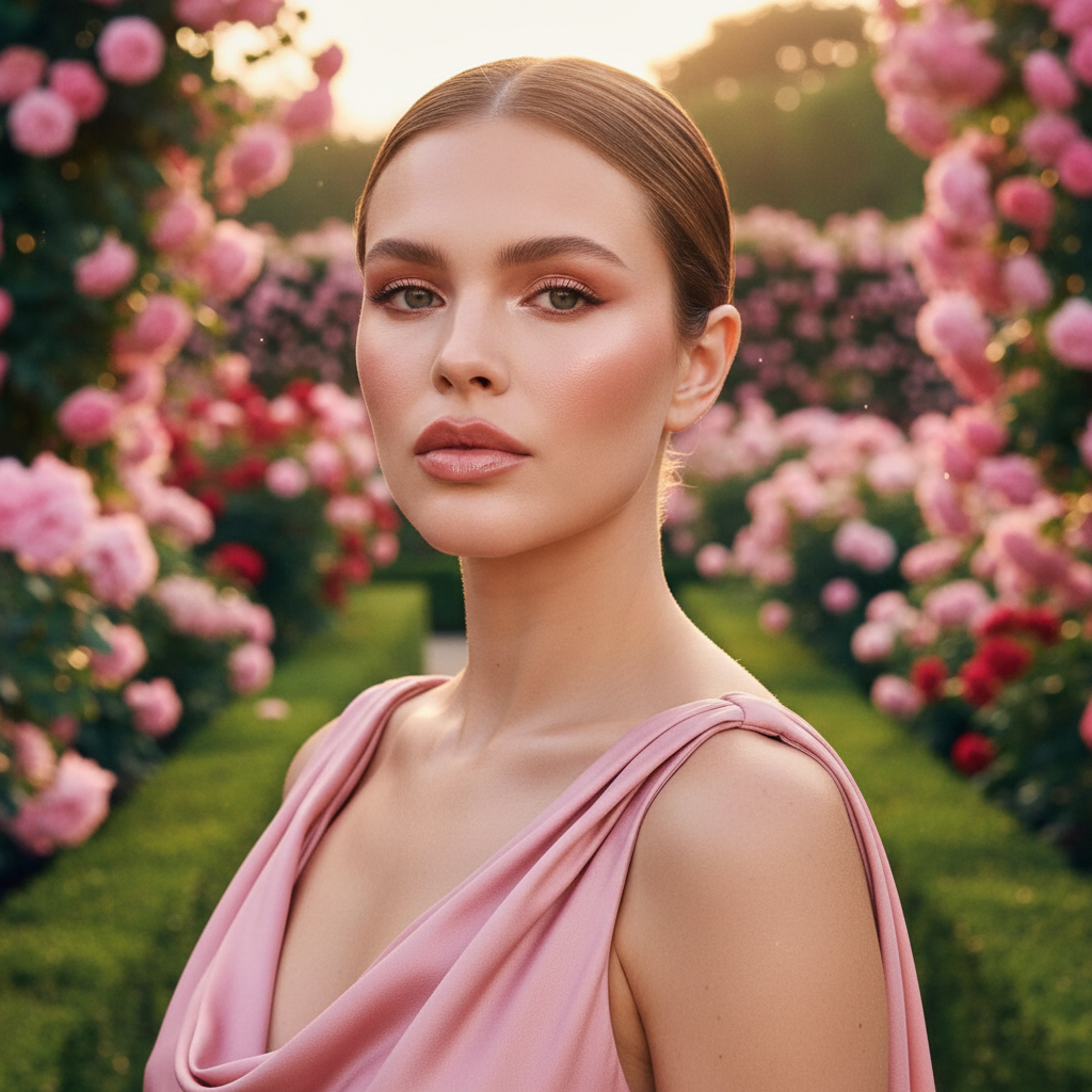 Woman in a pink dress standing in a garden with pink flowers